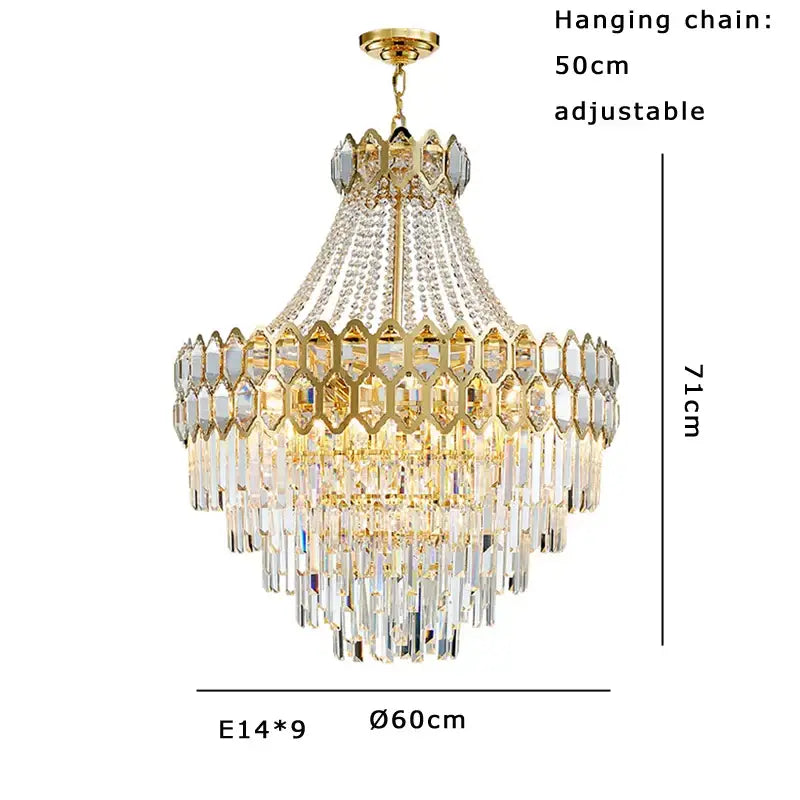 Luxurious gold hexagonal deluxe crystal led pendant lamp with clear crystal prisms and adjustable hanging chain for dining room decorbites deluxe crystal