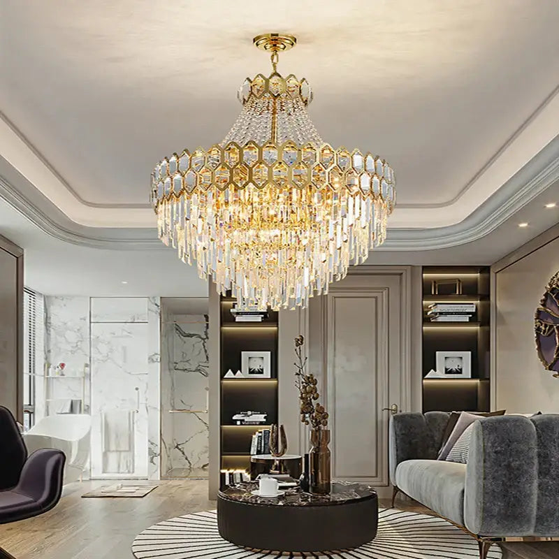 Gold-toned pendant lamp with cascading deluxe crystal led droplets and hexagonal frames for dining room decorbites deluxe crystal