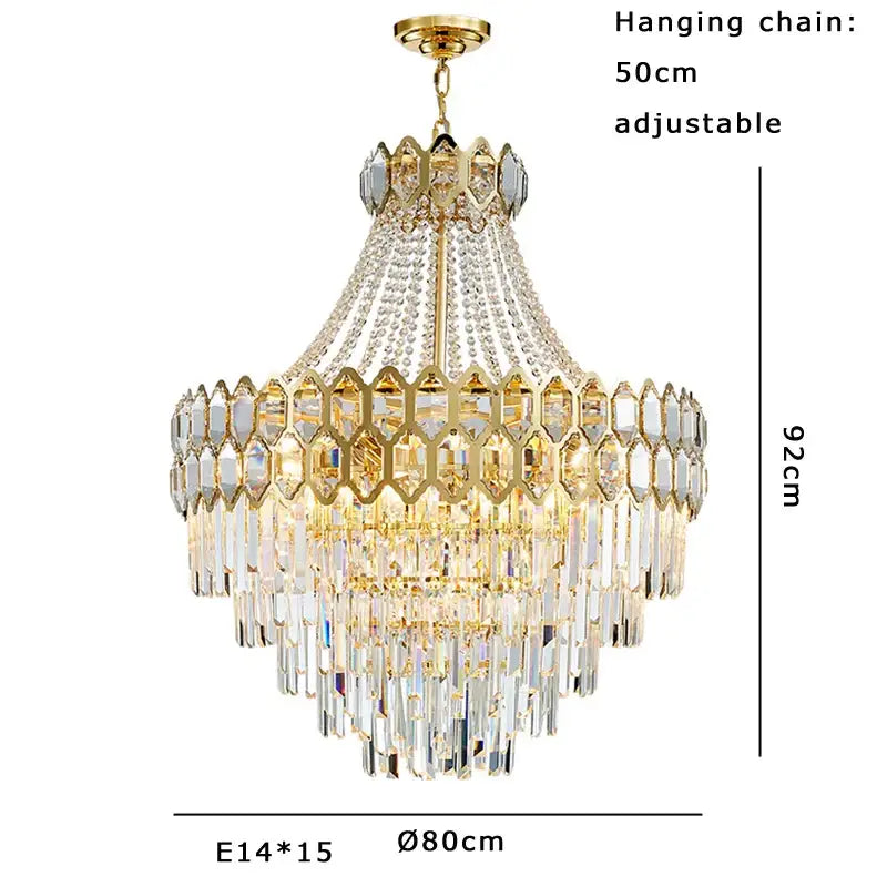 Gold-toned pendant lamp with multiple tiers of clear deluxe crystal prisms and adjustable 50cm hanging chain decorbites deluxe crystal