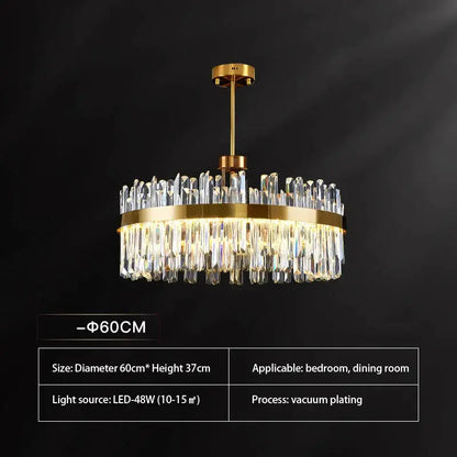 Elegant gold round crystal pendant light with cascading clear prisms by decorbites for living room decor