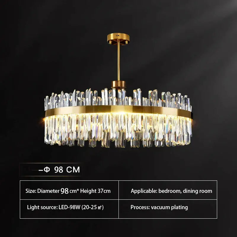 Luxurious decorbites gold round pendant light with gold round crystal and cascading clear prisms for living room decor