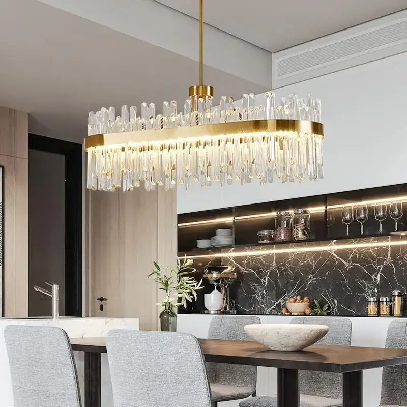 Luxurious gold round crystal pendant light with dangling clear crystal rods for elegant living room decorbites gold round decor