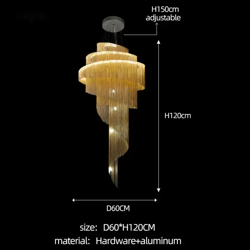 Luxurious gold tiered chandelier with cascading crystal strands and sleek silver aluminum chain frame for living room light
