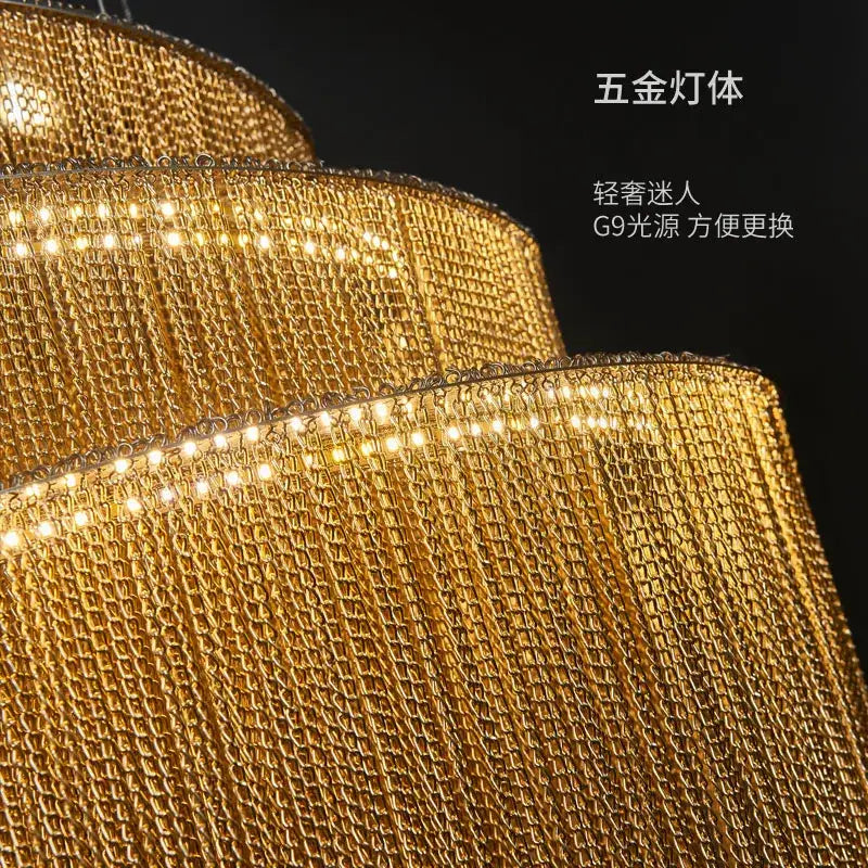 Luxurious gold chain chandelier with integrated led lighting featuring silver aluminum chain for living room light