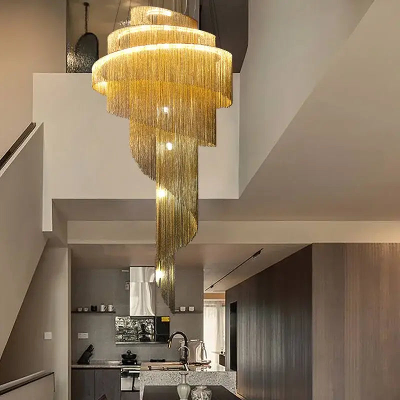 Luxurious gold and silver aluminum chain chandelier with golden spiral design and cascading silver aluminum chains for living room lighting