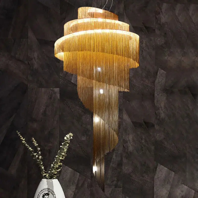 Luxurious gold and silver aluminum chain chandelier with tiered cascading metallic chains for living room lighting