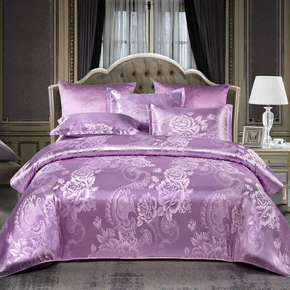 Lavender satin bedding set with intricate floral and paisley patterns by decorbites jacquard satin summer collection