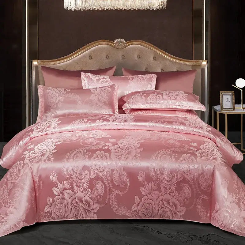 Pink satin bedding set with intricate floral embroidery featured in decorbites jacquard satin summer collection