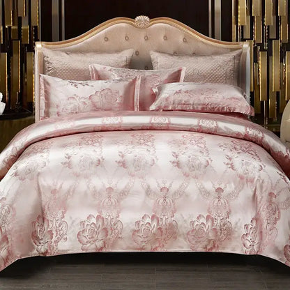 Pink satin bedding set with intricate floral embroidery and glossy finish featuring decorbites jacquard satin quality