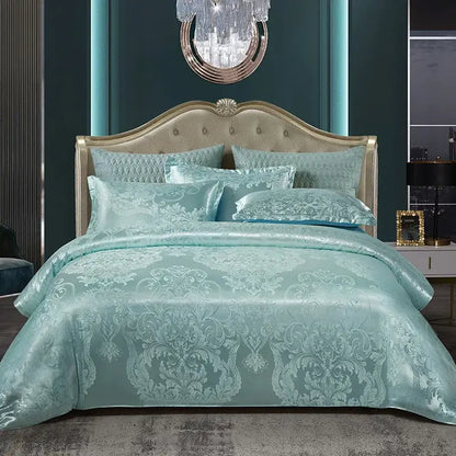 Luxurious gold and teal jacquard satin bedding set with intricate white damask embroidery perfect for decorbites jacquard satin summer use