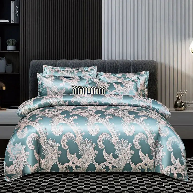 Teal satin bedding set with intricate silver white baroque embroidery in decorbites jacquard satin summer style