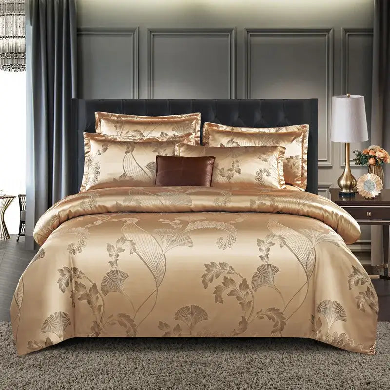 Luxurious gold satin bedding set with elegant ginkgo leaf embroidery decorbites jacquard satin summer collection