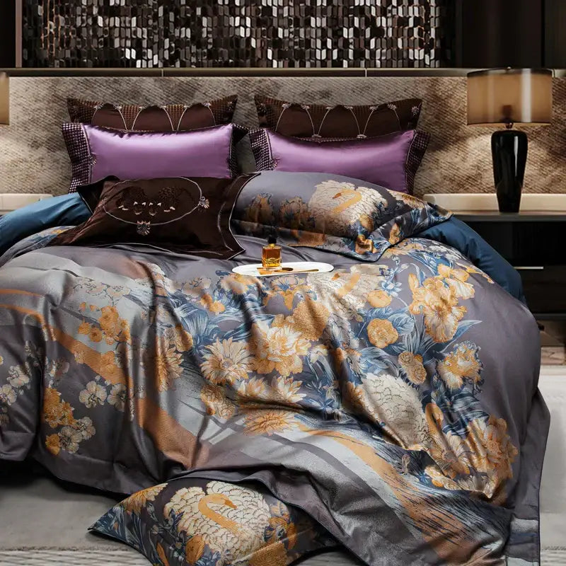 Luxurious gray and gold floral satin 1500tc egyptian cotton jacquard bedding set with purple brown navy pillows