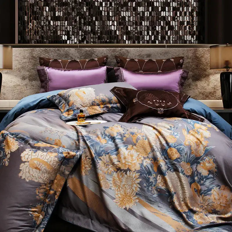 Luxurious gray and gold floral satin bedding set with matching pillows made from 1500tc egyptian cotton jacquard