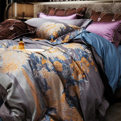 Luxurious satin duvet cover with intricate gold blue and gray floral pattern in 1500tc egyptian cotton jacquard bedding set