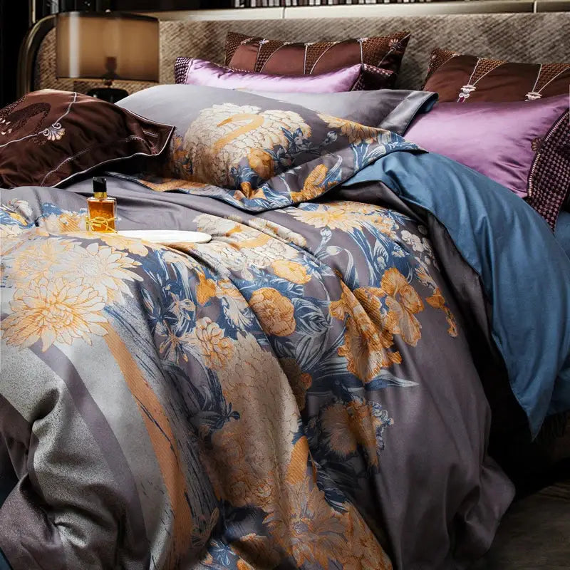 Luxurious satin duvet cover with intricate gold blue and gray floral pattern in 1500tc egyptian cotton jacquard bedding set