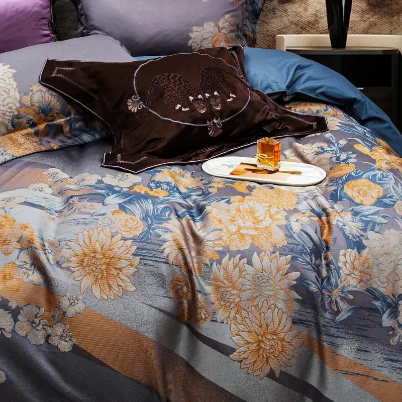 Brown satin pillow with embroidered leopard design in luxurious gray and gold jacquard Egyptian cotton bedding set