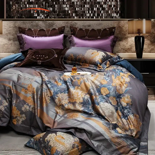 Luxurious gray and gold floral satin bedding set with matching pillows made from decorbites jacquard egyptian cotton