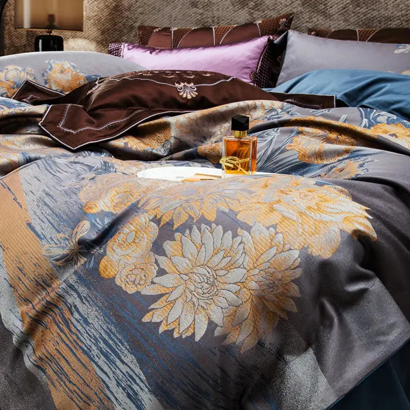Luxurious dark gray satin duvet cover with gold and white floral embroidery in decorbites jacquard egyptian cotton bedding set
