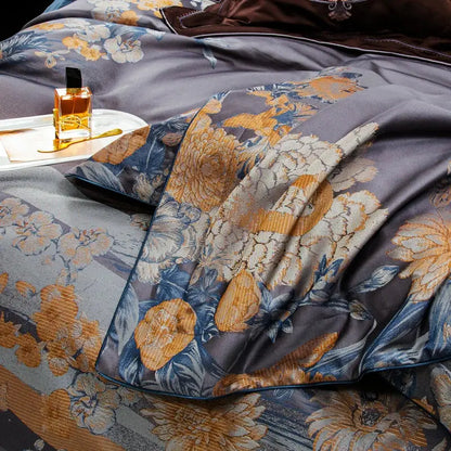 Luxurious dark gray satin duvet cover with intricate gold and blue floral embroidery from decorbites jacquard egyptian cotton bedding set