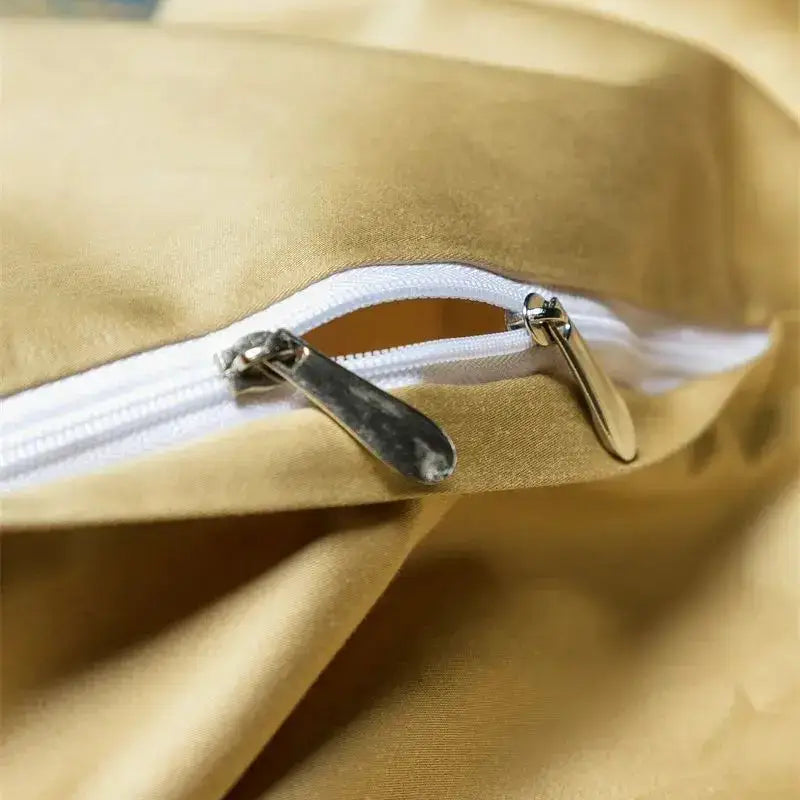 Gold-colored satin pillowcase with white zipper and metallic pull tabs from decorbites blue starry sky bedding set