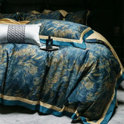 Luxurious navy blue and gold feather patterned satin bedding set with teal and cream trim for decorbites blue starry sky
