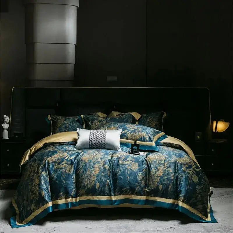 Luxurious teal and gold feather patterned satin bedding set with elegant trim for decorbites blue starry sky bedroom
