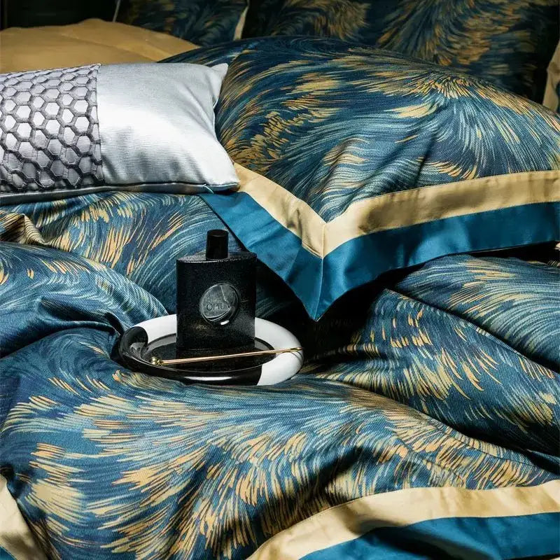 Black rectangular perfume bottle with silver circular label on white ceramic tray in luxurious navy and gold bedding set decorbites blue starry sky
