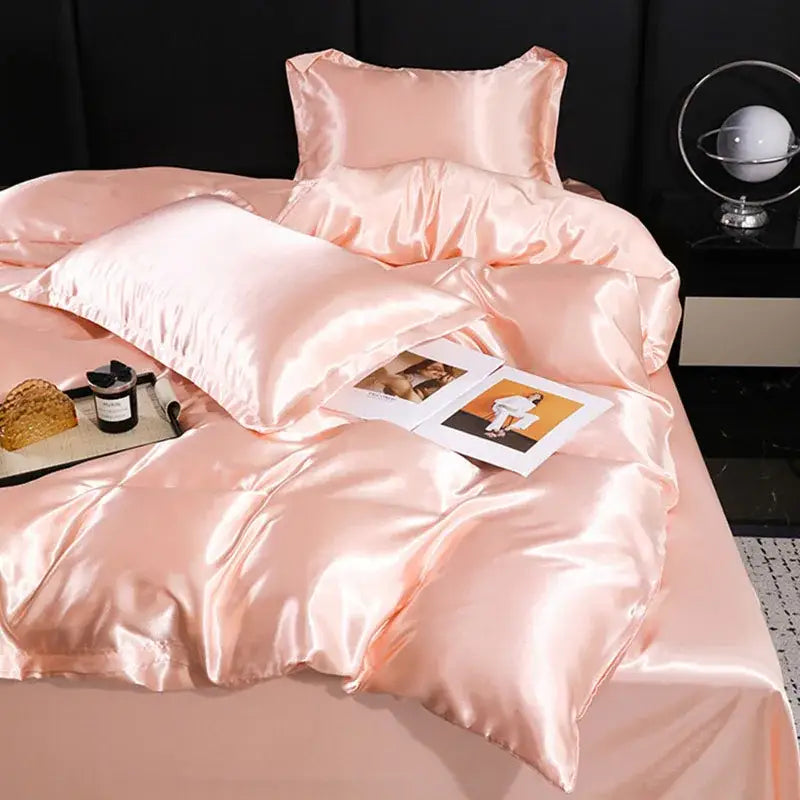 Luxurious peach satin duvet cover and pillowcase set with glossy blush pink finish made from decorbites ice rayon