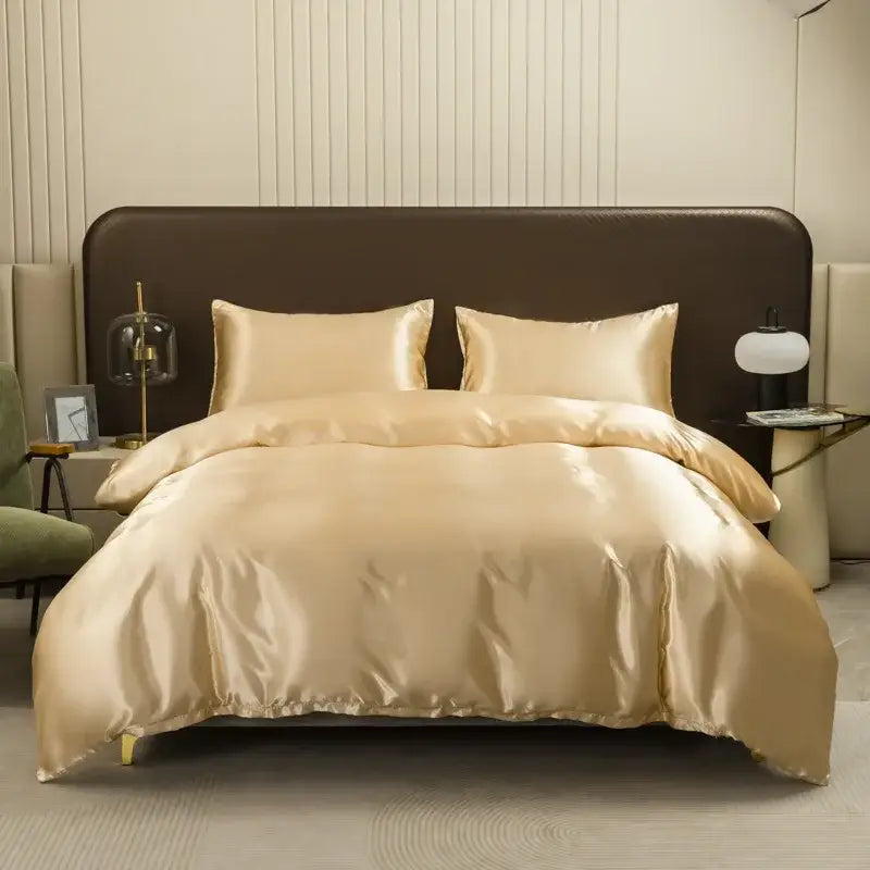 Luxurious peach satin duvet cover and pillowcase set in cream with a smooth glossy finish for bedroom bedding decorbites ice rayon