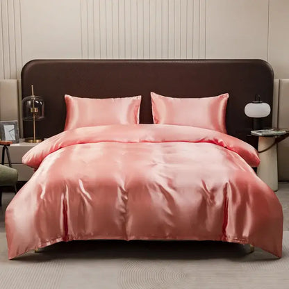 Luxurious peach satin duvet cover and pillowcase set in pink featuring decorbites ice rayon material for stylish bedding