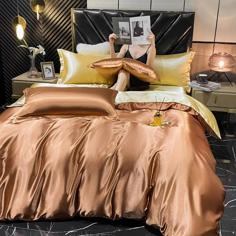Luxurious Rayon Silk Bedding Set - King Size - Brown-Camel / Twin Size 3pcs / CHINA