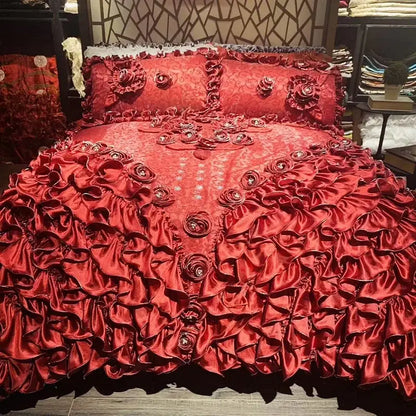 Luxurious red satin bedding set with jacquard rose lace, embroidered rose appliqués, and crystal accents by decorbites