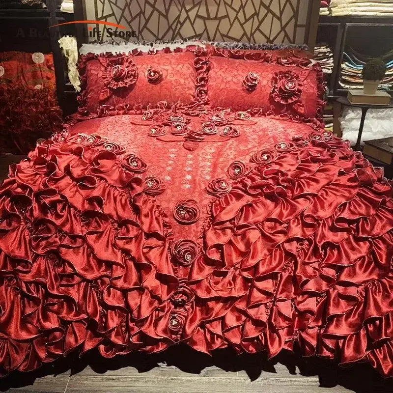 Luxurious red satin ruffled bedding set with embroidered rose appliqués featuring decorbites jacquard rose lace design