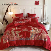 Red satin bedding set with intricate gold loong phoenix embroidery for luxurious bedroom decor by decorbites gold loong