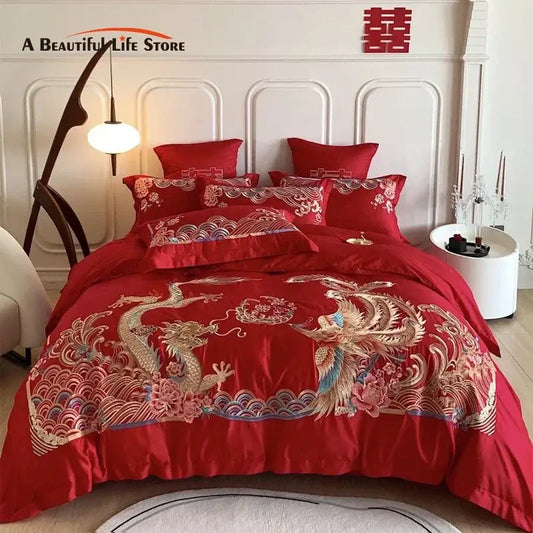 Red satin bedding set with intricate gold loong phoenix embroidery for luxurious bedroom decor by decorbites gold loong