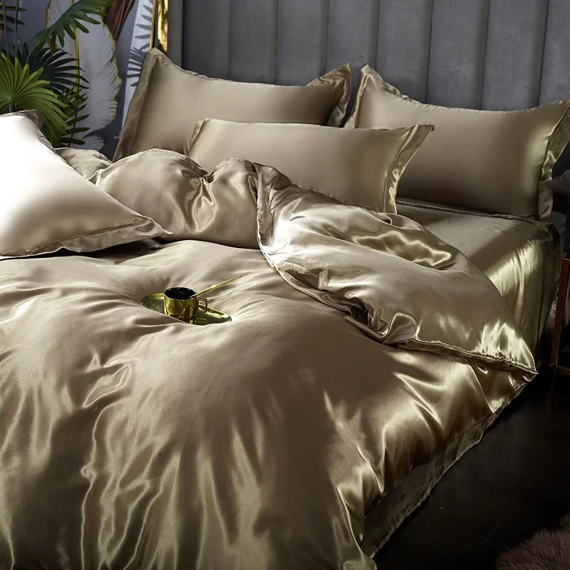 Luxurious Silk Bedding Set: Duvet Cover Bed Sheet Pillowcase