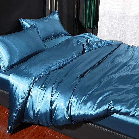 Luxurious Silk Bedding Set: Duvet Cover Sheet Pillowcase - Peacock Blue / King Size 4 pcs / Flat Bed Sheet