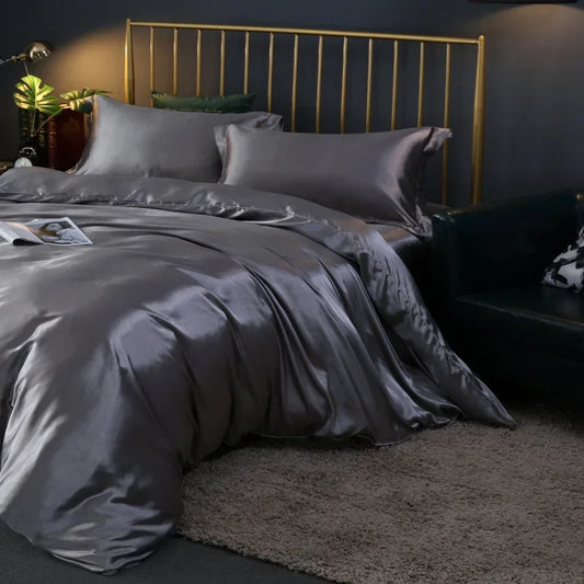 Luxurious Silk Bedding Set - Solid Color King/Queen/Twin - Silver / King Size 4 pcs / Flat Bed Sheet
