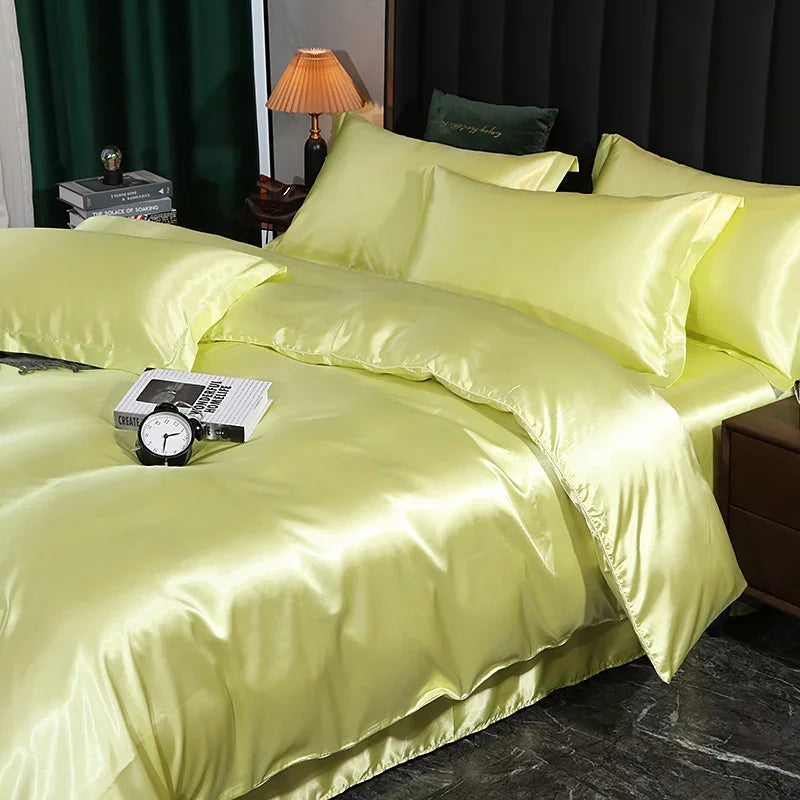 Luxurious Silk Bedding Set - Solid Color Options - Yellow / King Size 4 pcs / Flat Bed Sheet