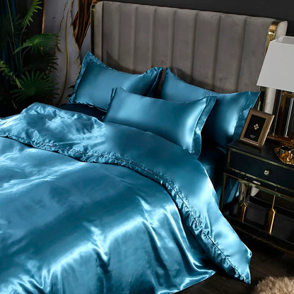Luxurious Silk Bedding Set - Various Sizes - Paris Blue / Family Suite 5pcs