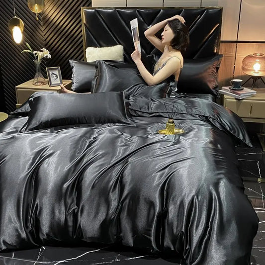 Luxurious Silk Bedding Set with Duvet Cover & Pillowcases - Black / Queen Size 3pcs / CHINA