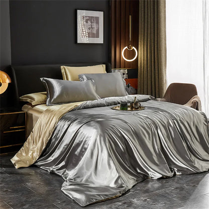 Luxurious Silk Bedding Set with Duvet Cover - Silver Gray-Camel / Twin Size 3pcs