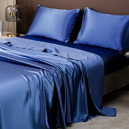 Luxurious Solid Color Satin Bedding Set - blue / Queen 4pcs