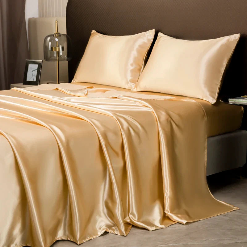 Luxurious Solid Color Satin Bedding Set - champagne / Queen 4pcs