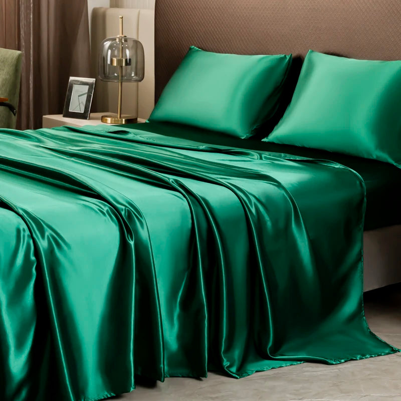 Luxurious Solid Color Satin Bedding Set - dark green / Queen 4pcs