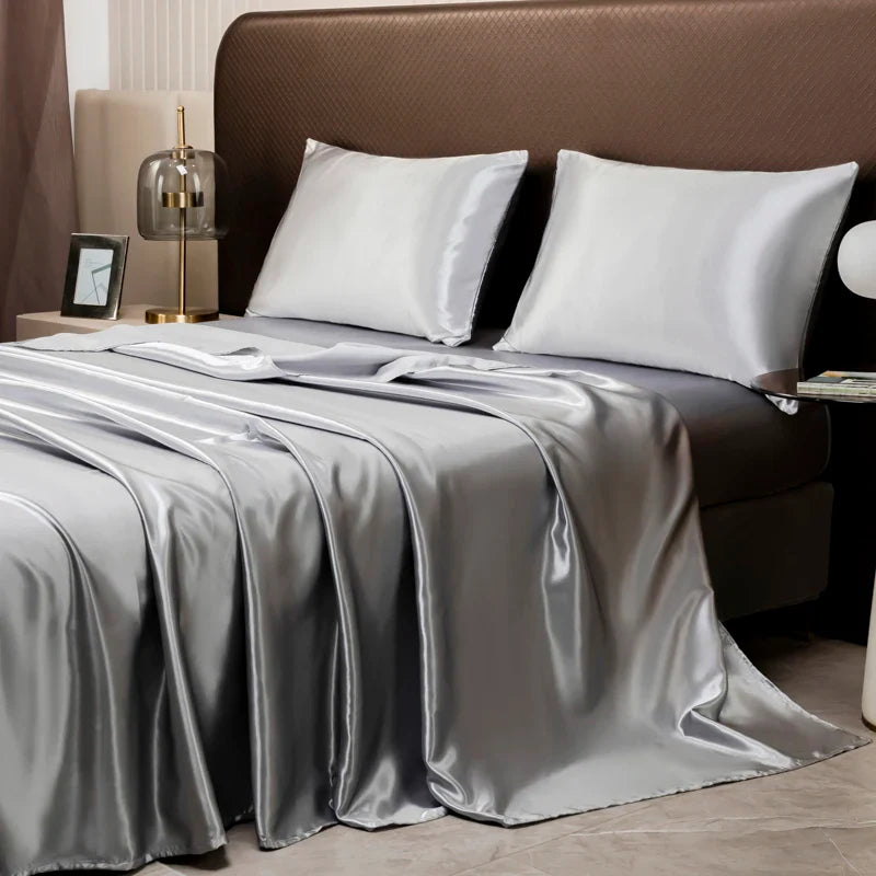 Luxurious Solid Color Satin Bedding Set - gray / Queen 4pcs