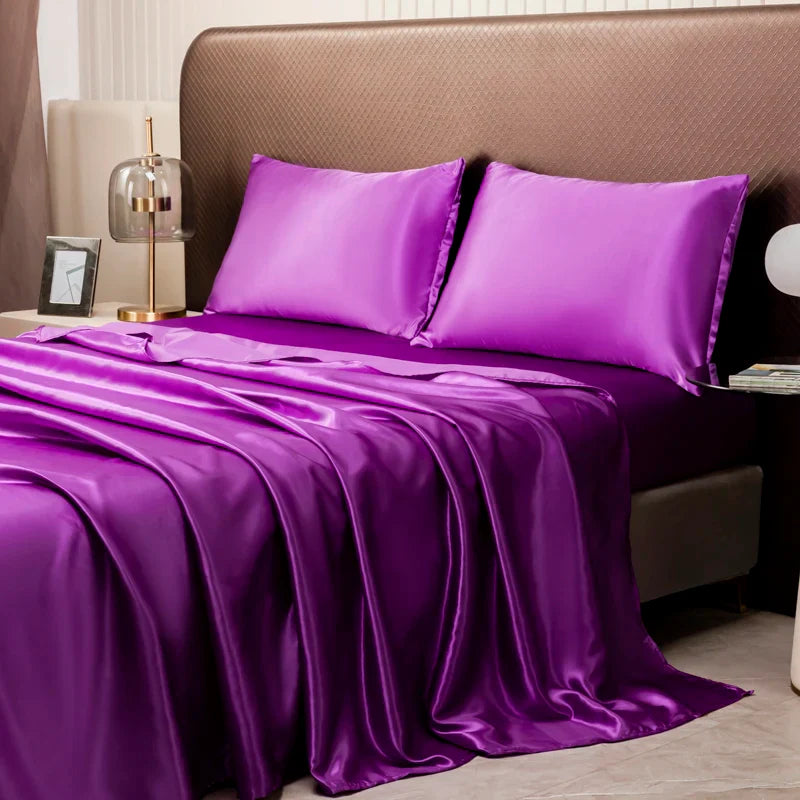 Luxurious Solid Color Satin Bedding Set - Purple / Queen 4pcs