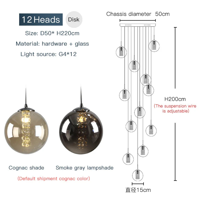 Luxurious Spiral LED Chandelier for Home & Hotel - 12 heads / Cognac glass / Black chassis|changeable - Chandelier