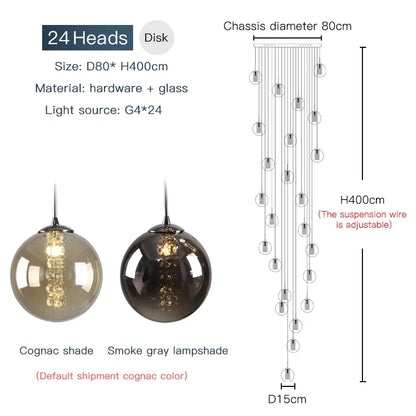 Luxurious Spiral LED Chandelier for Home & Hotel - 24 heads / Cognac glass / Black chassis|changeable - Chandelier